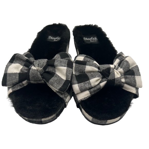 NEW Blowfish Malibu Plaid Fur Lined Slip On Sandals Slides Gangnam Print Sz 8or9 - Picture 3 of 9